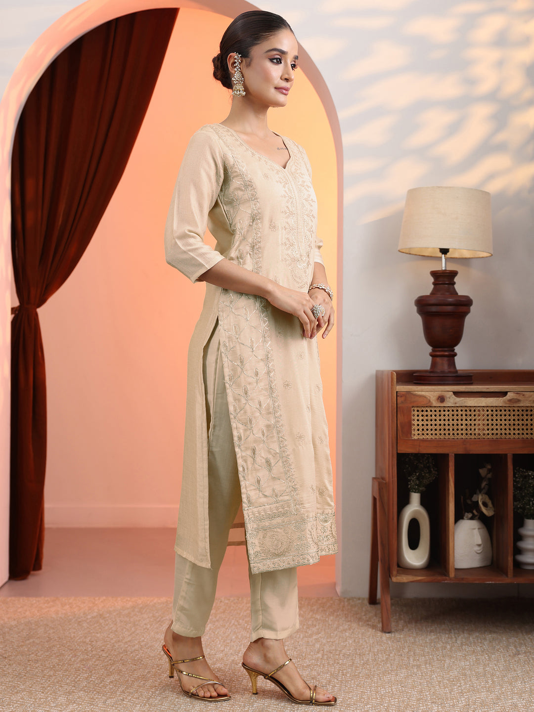 Cream Embroidered Chinon Straight Suit Set With Dupatta