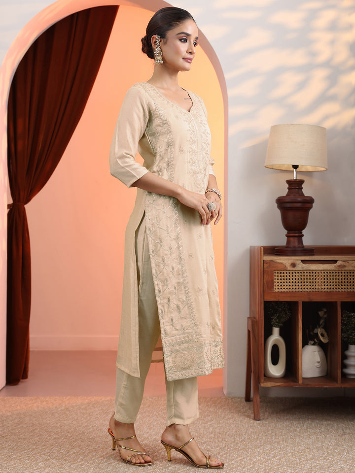 Cream Embroidered Chinon Straight Suit Set With Dupatta