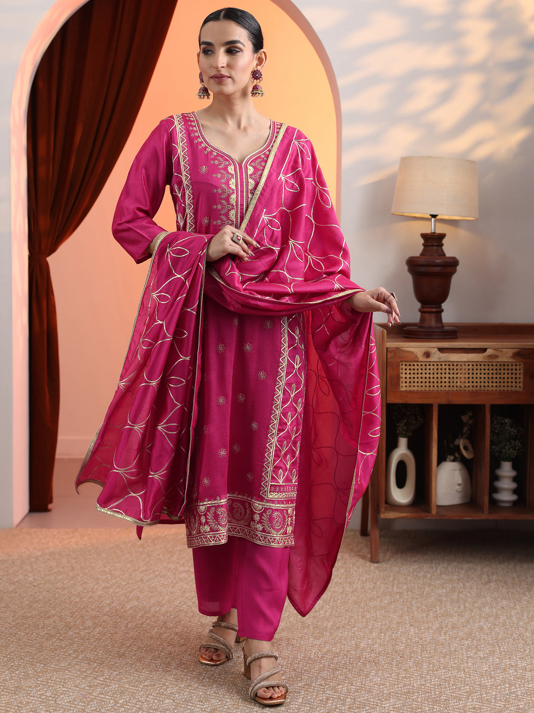 Pink Embroidered Chinon Straight Suit Set With Dupatta
