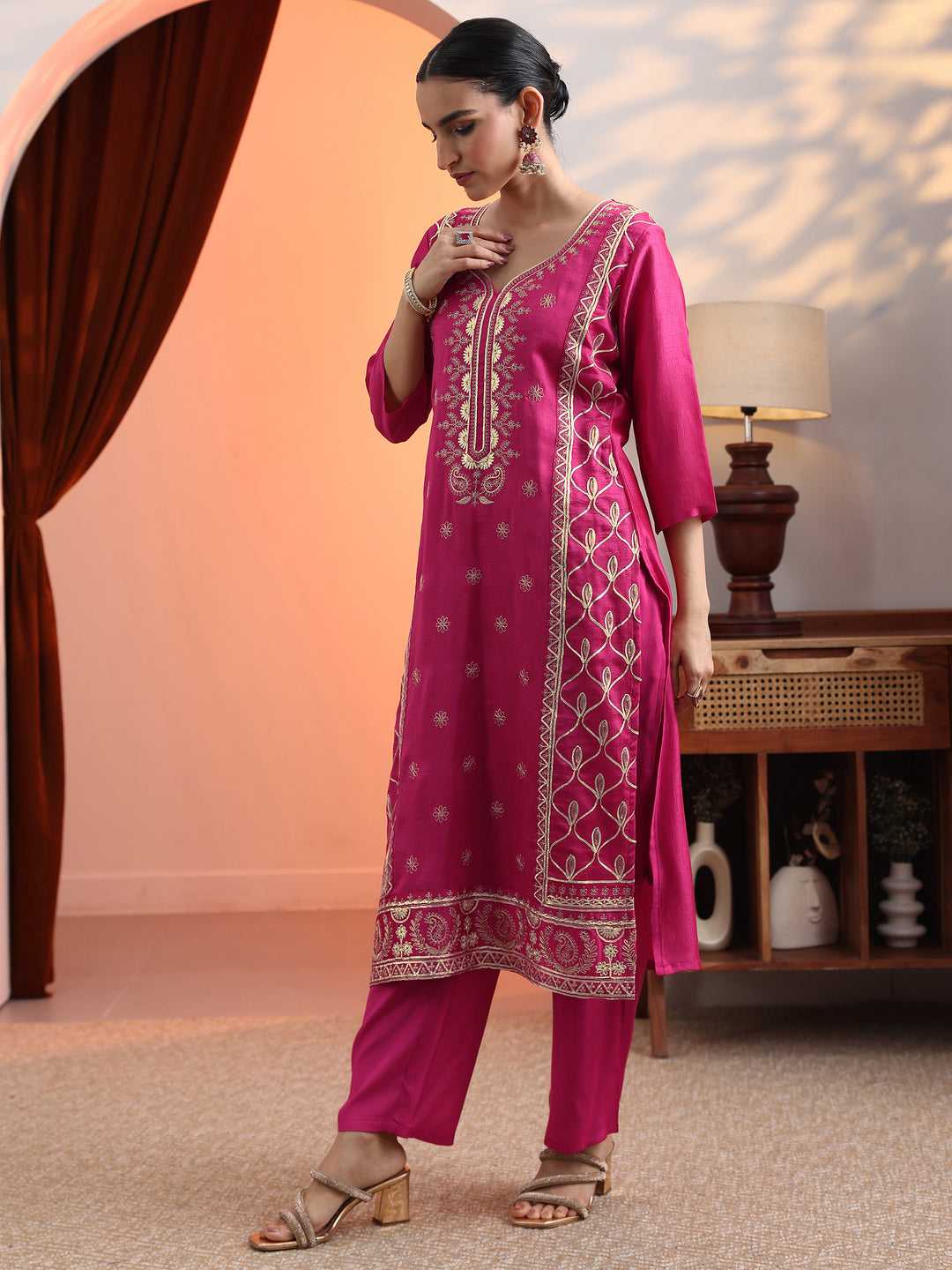 Pink Embroidered Chinon Straight Suit Set With Dupatta