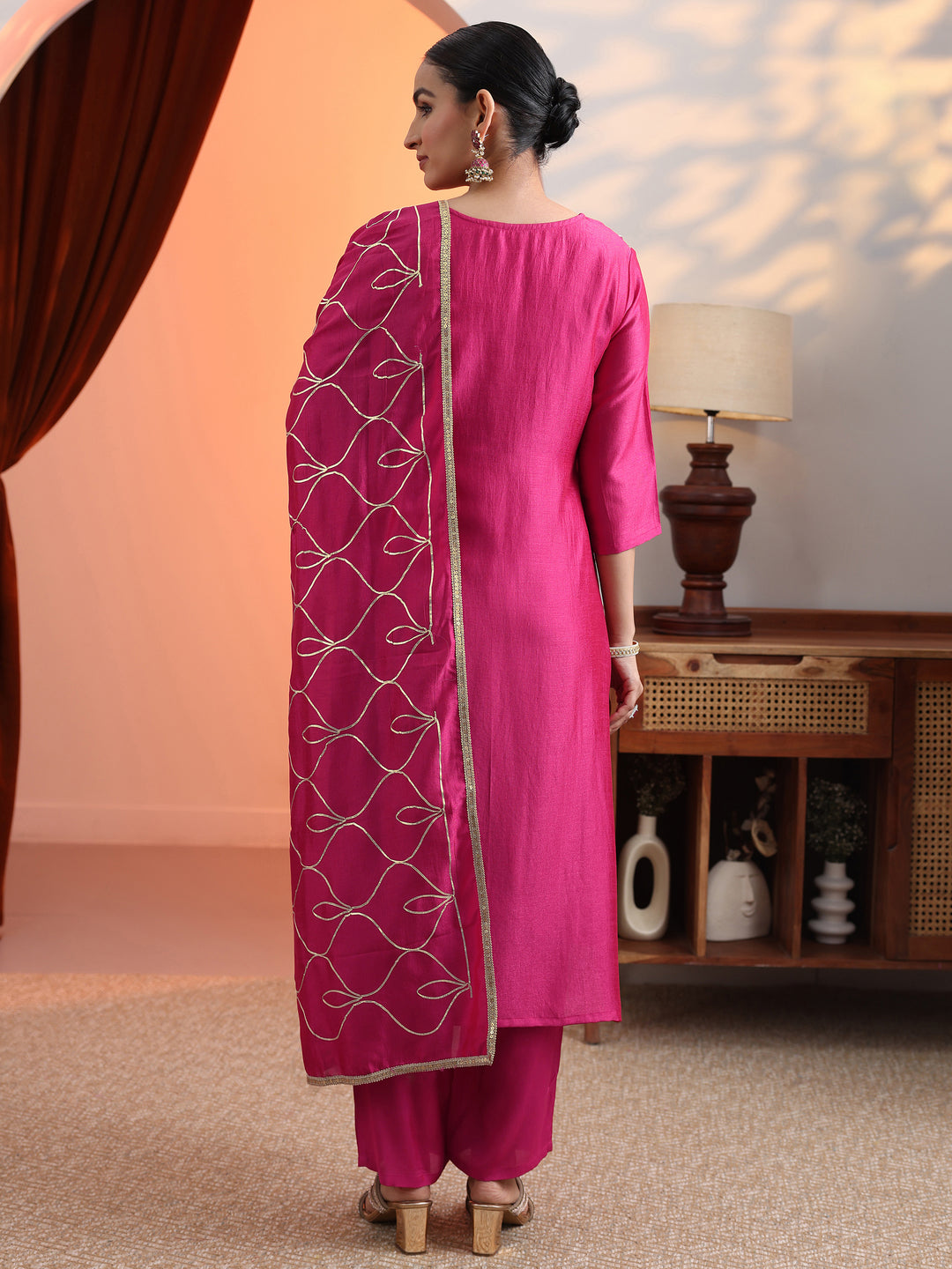 Pink Embroidered Chinon Straight Suit Set With Dupatta
