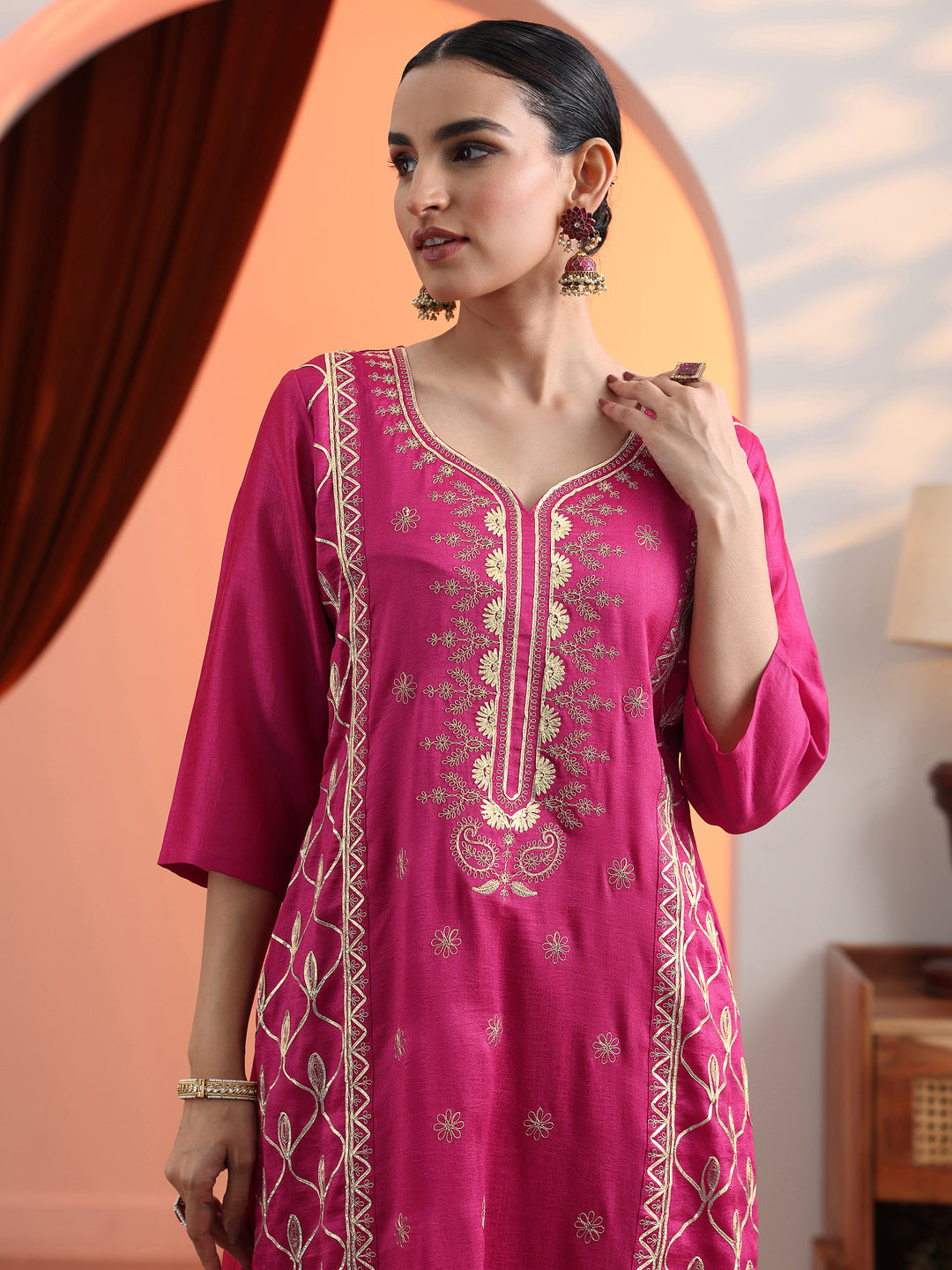 Pink Embroidered Chinon Straight Suit Set With Dupatta