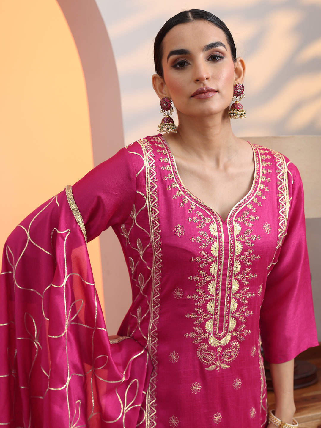 Pink Embroidered Chinon Straight Suit Set With Dupatta