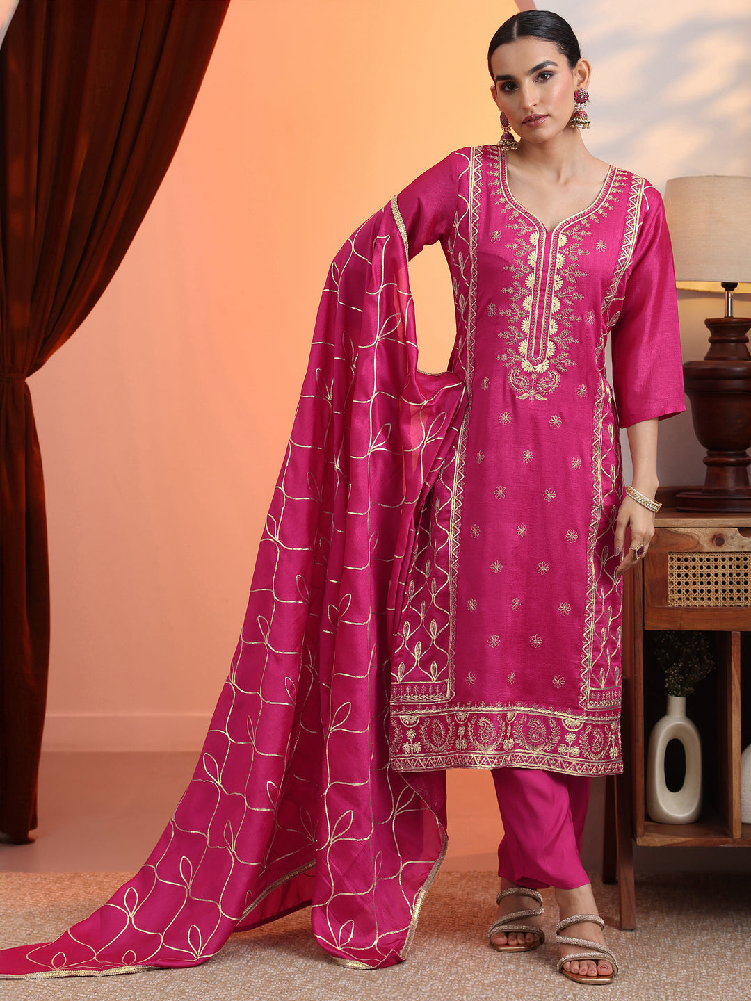 Pink Embroidered Chinon Straight Suit Set With Dupatta