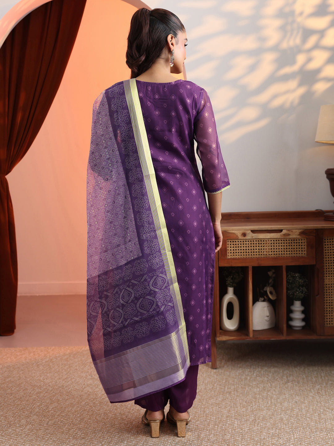Purple Printed Organza Straight Suit Set With Dupatta