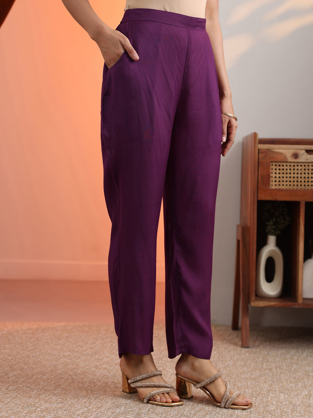 Purple Printed Organza Straight Suit Set With Dupatta