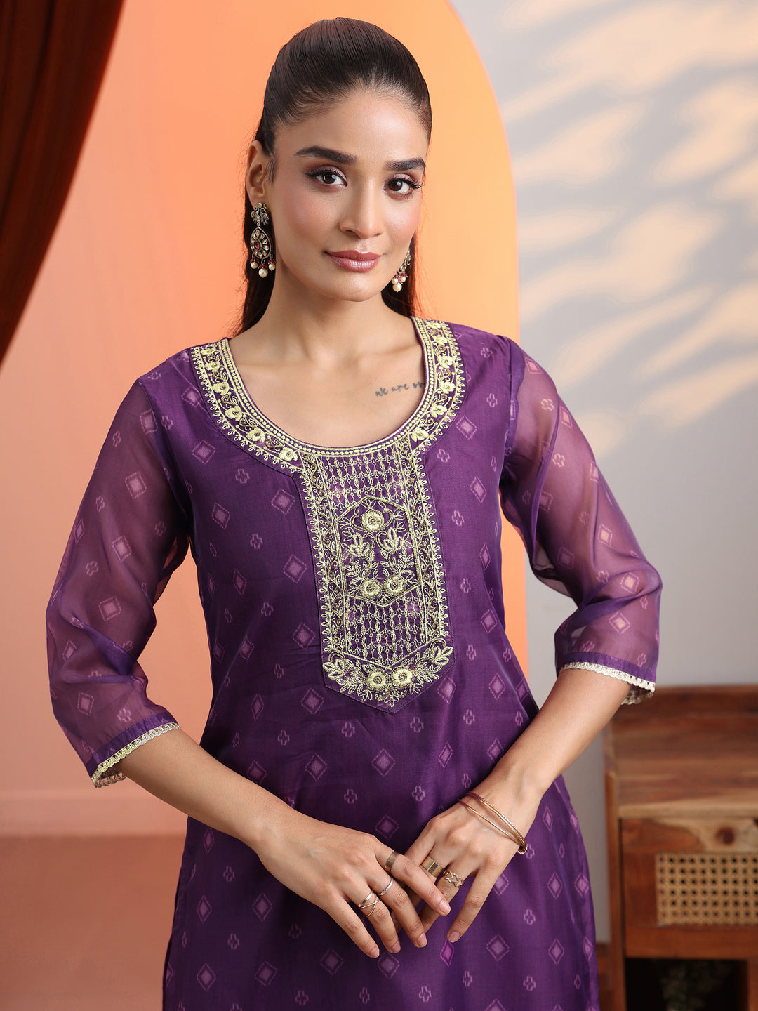 Purple Printed Organza Straight Suit Set With Dupatta