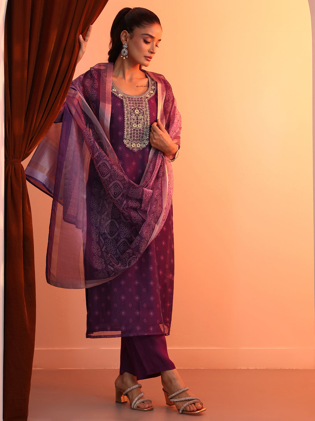 Purple Printed Organza Straight Suit Set With Dupatta