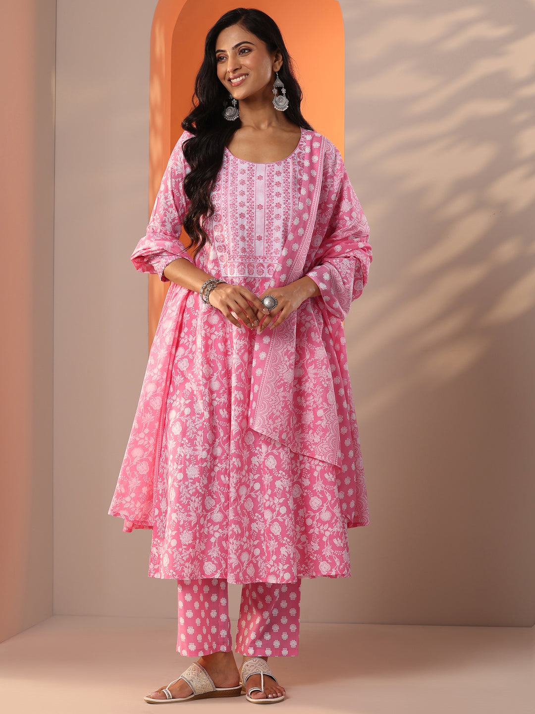 Pink Printed Cotton Anarkali Suit Set With Dupatta