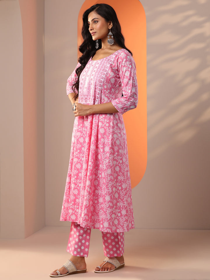 Pink Printed Cotton Anarkali Suit Set With Dupatta