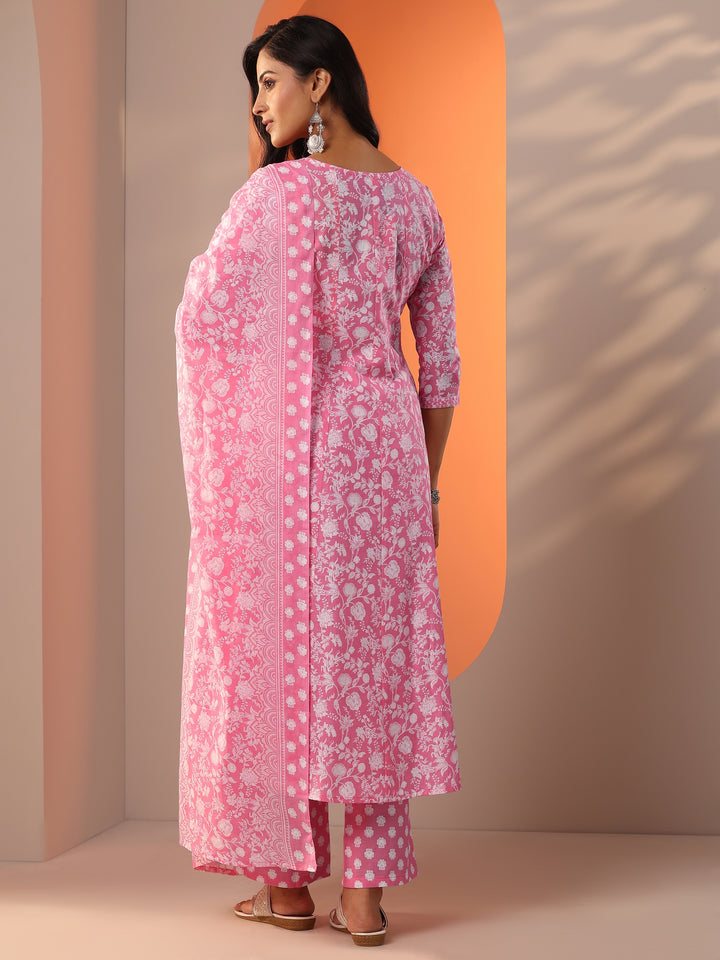 Pink Printed Cotton Anarkali Suit Set With Dupatta