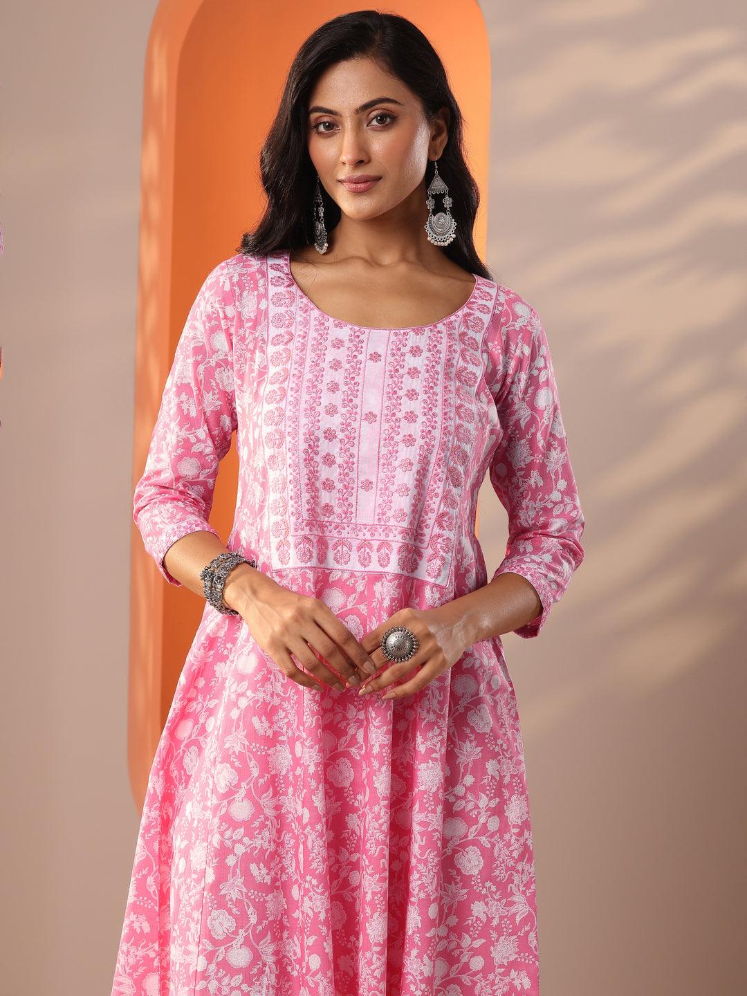Pink Printed Cotton Anarkali Suit Set With Dupatta