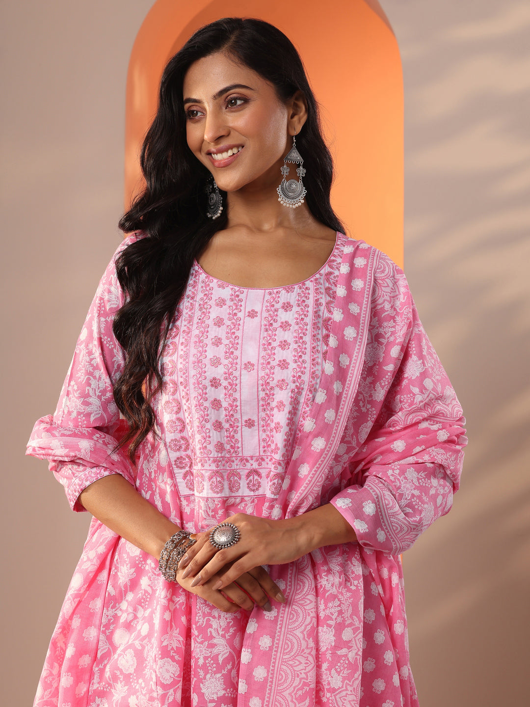 Pink Printed Cotton Anarkali Suit Set With Dupatta