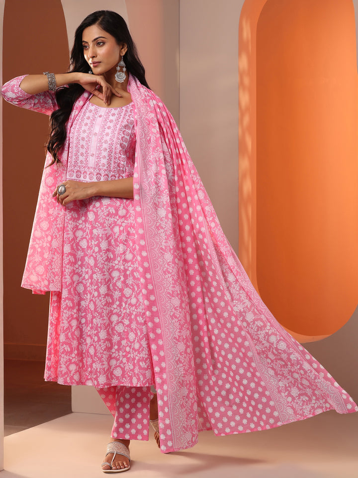 Pink Printed Cotton Anarkali Suit Set With Dupatta