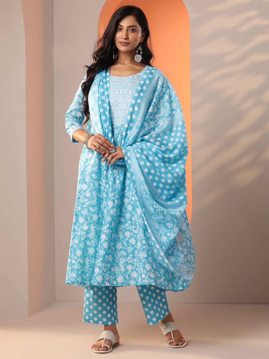 Blue Printed Cotton Straight Suit Set With Dupatta