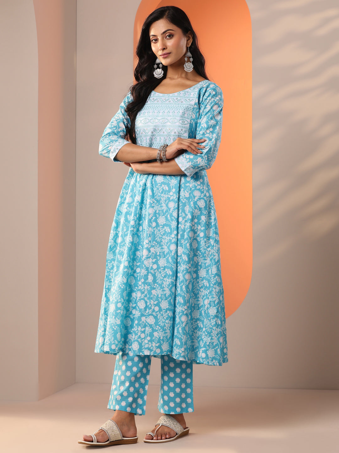 Blue Printed Cotton Straight Suit Set With Dupatta