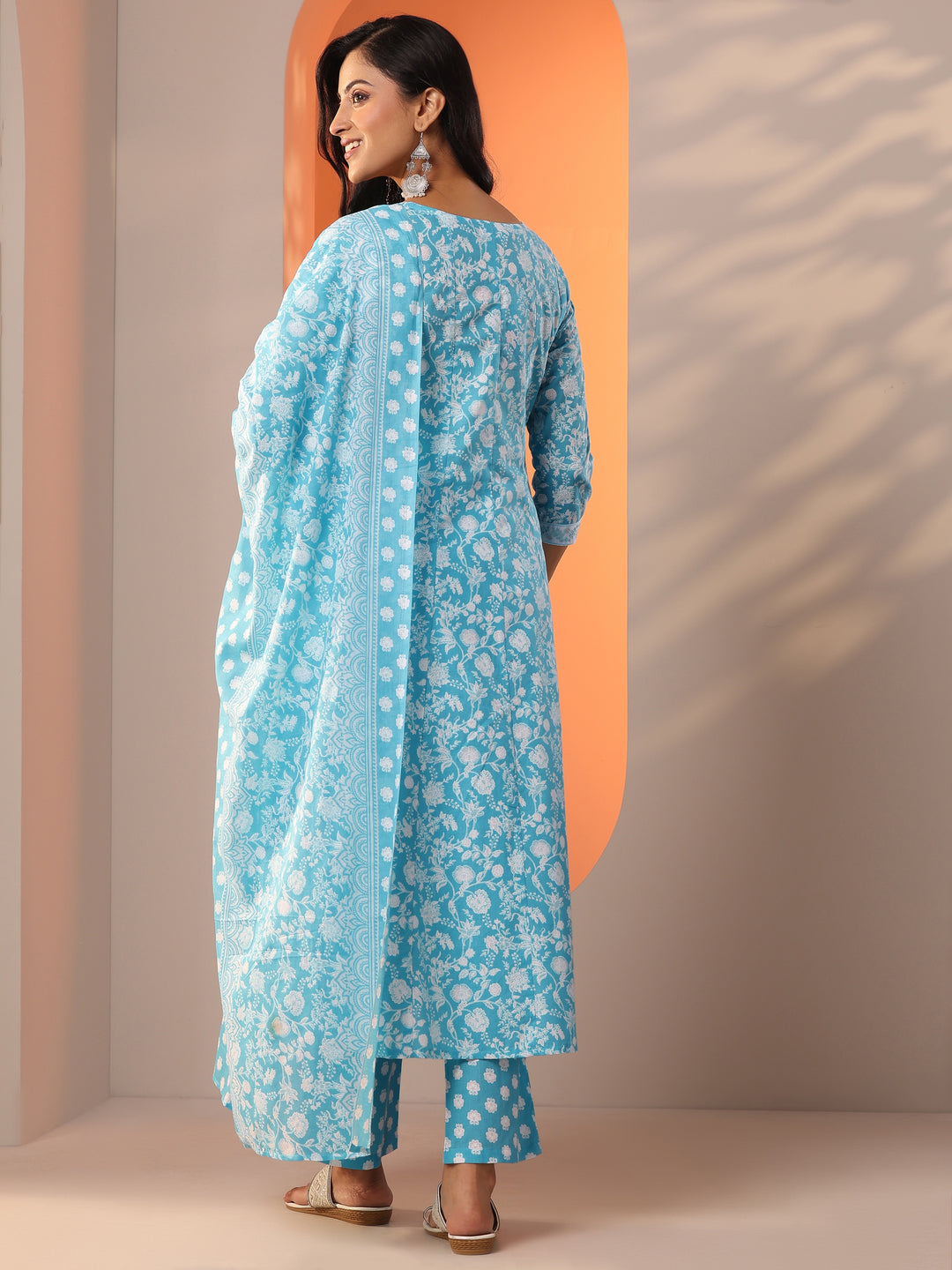 Blue Printed Cotton Straight Suit Set With Dupatta