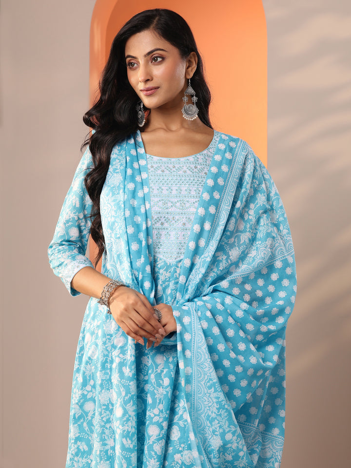 Blue Printed Cotton Straight Suit Set With Dupatta