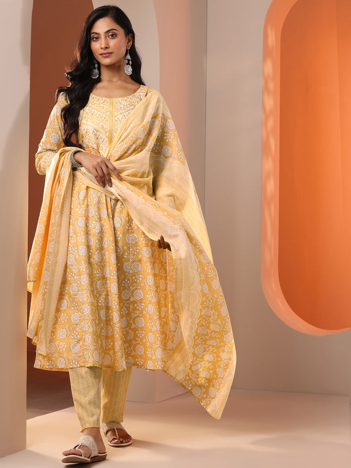 Yellow Printed Cotton Straight Suit Set With Dupatta