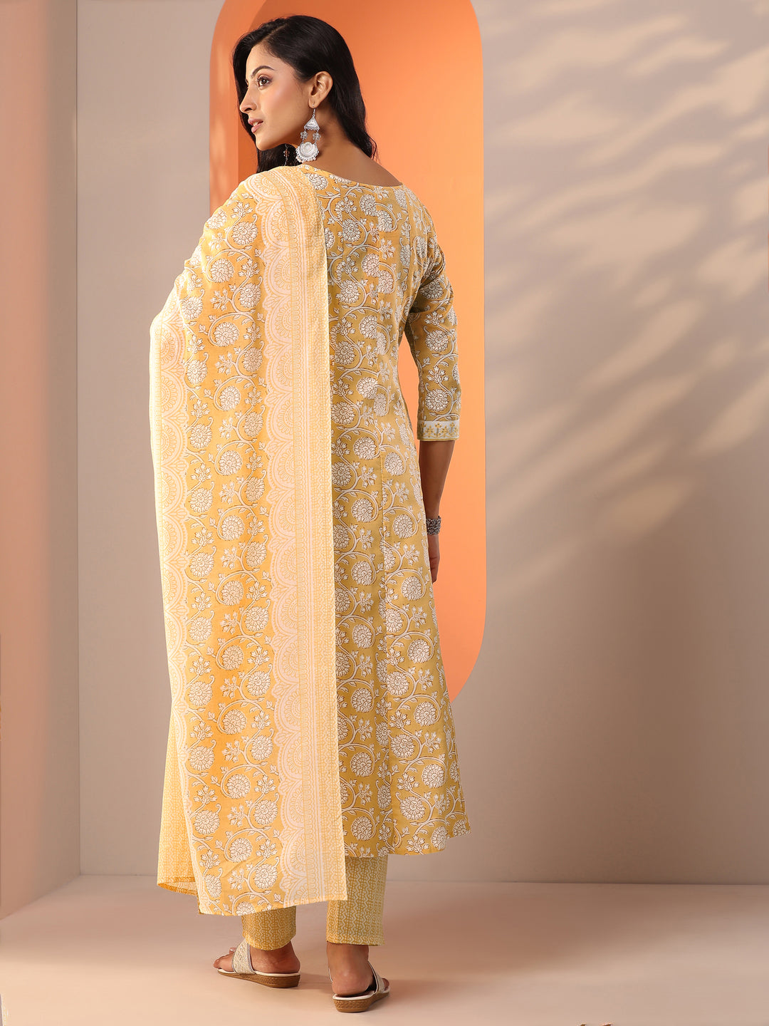 Yellow Printed Cotton Straight Suit Set With Dupatta