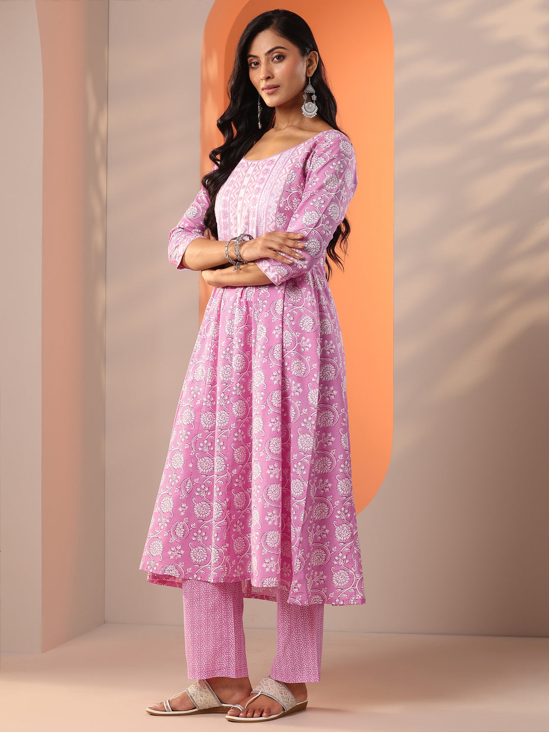 Pink Printed Cotton Straight Suit Set With Dupatta
