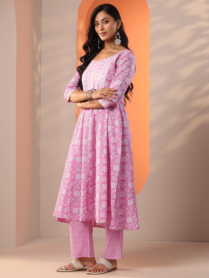Pink Printed Cotton Straight Suit Set With Dupatta
