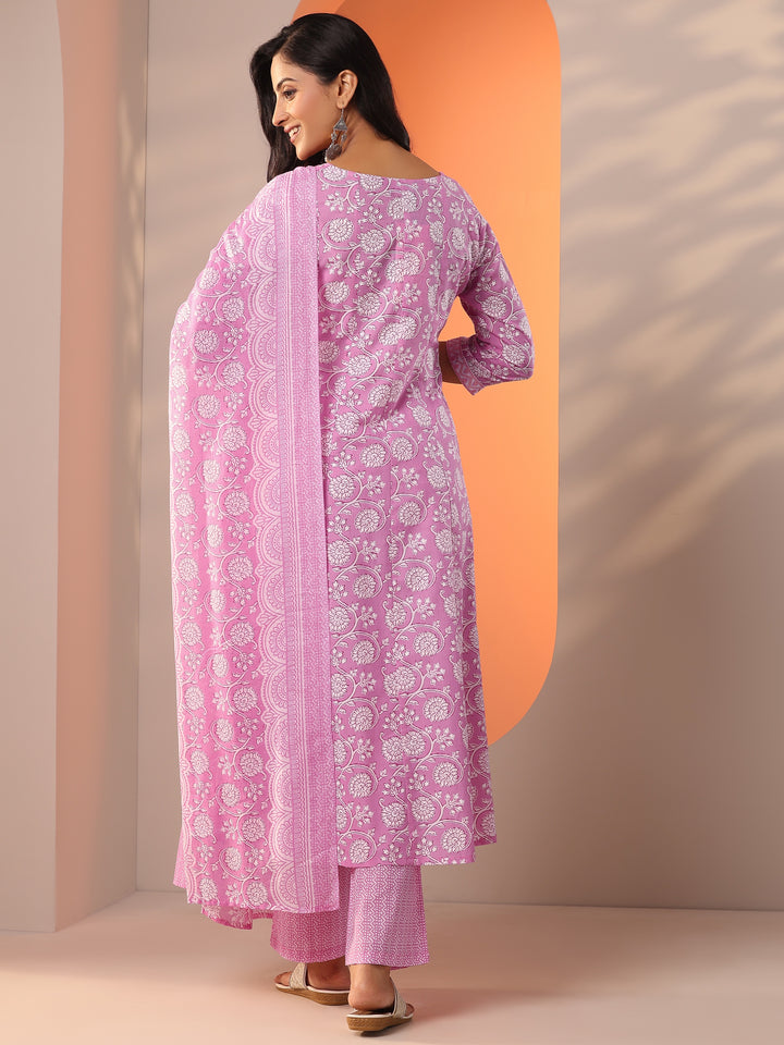 Pink Printed Cotton Straight Suit Set With Dupatta