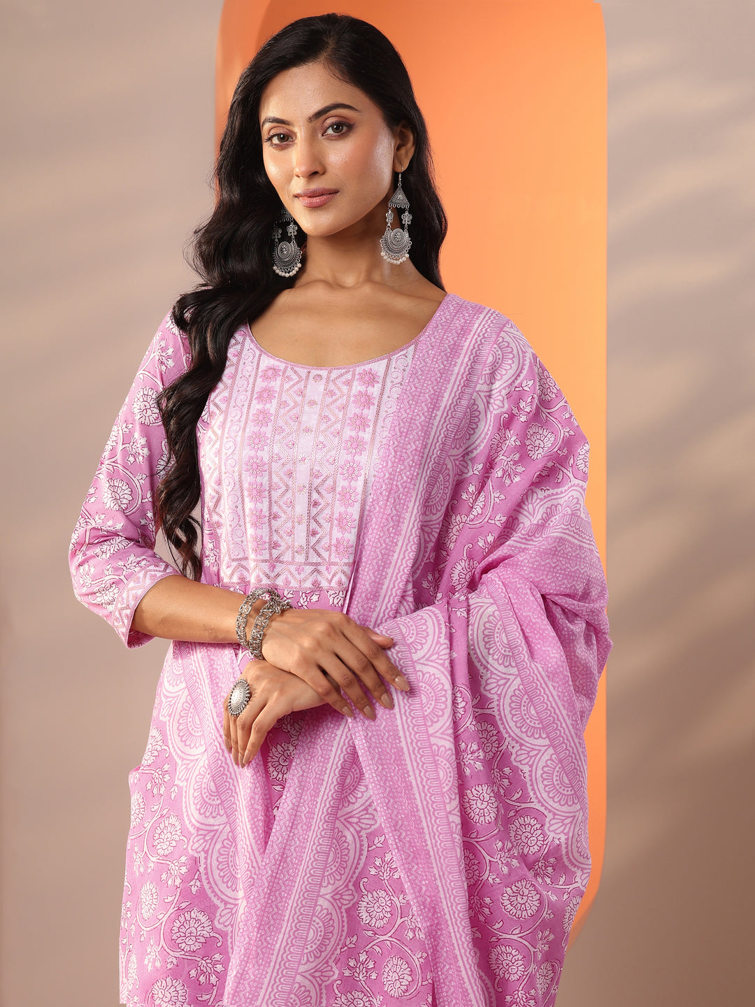 Pink Printed Cotton Straight Suit Set With Dupatta