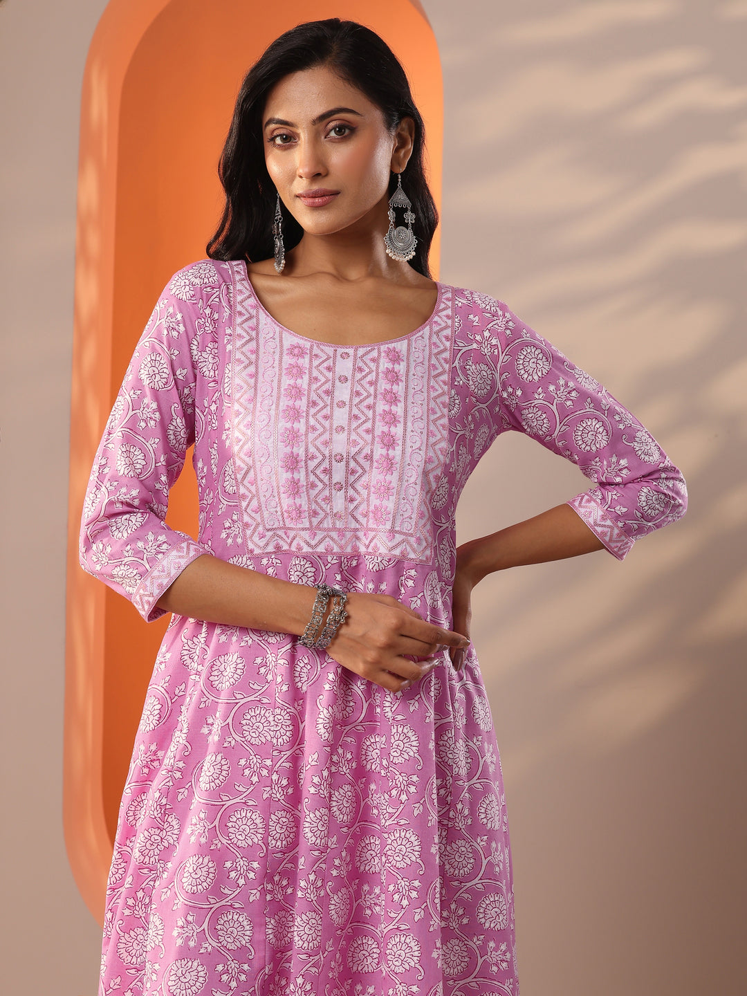 Pink Printed Cotton Straight Suit Set With Dupatta