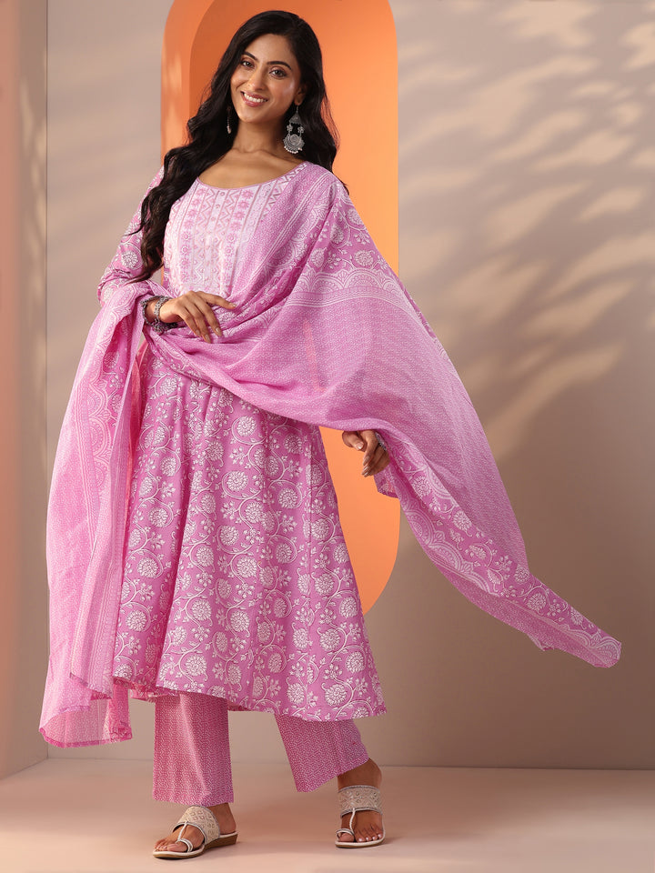 Pink Printed Cotton Straight Suit Set With Dupatta