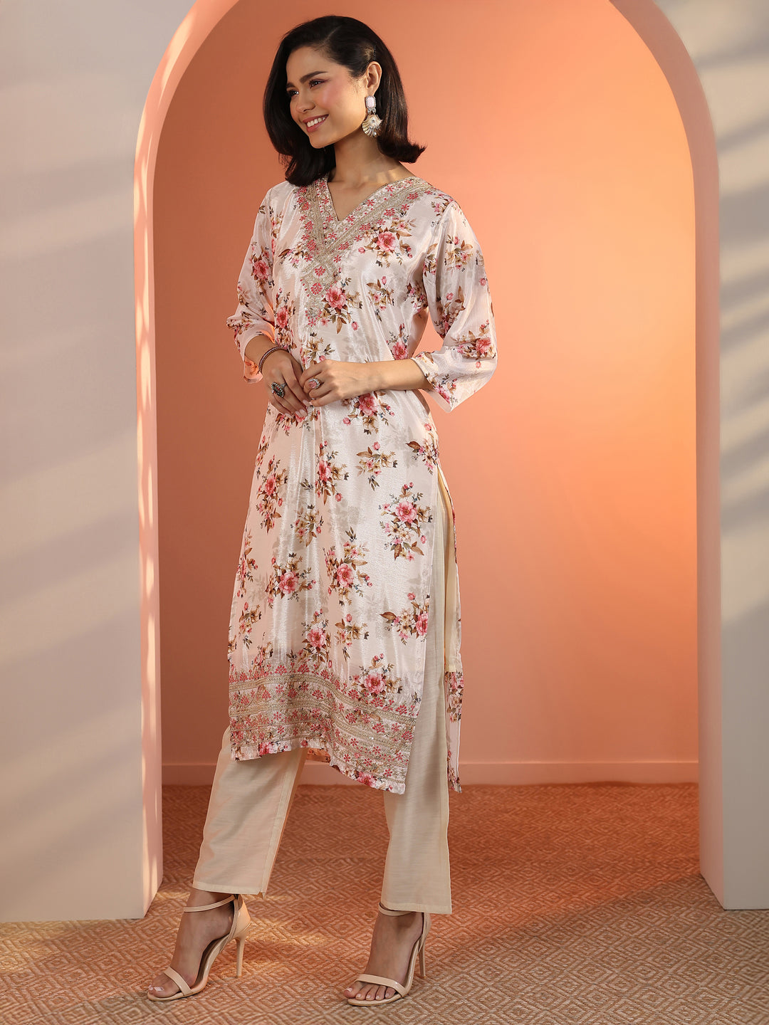 Off White Embroidered Chinon Straight Suit Set With Dupatta