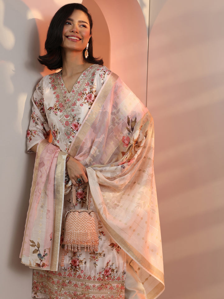 Off White Embroidered Chinon Straight Suit Set With Dupatta