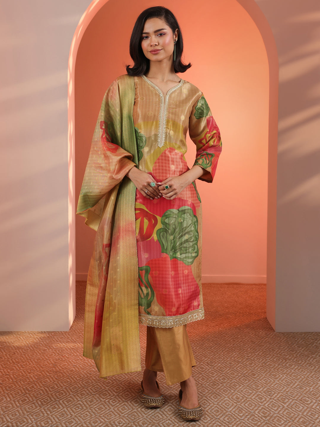 Multi Embellished Silk Blend Straight Suit Set With Dupatta