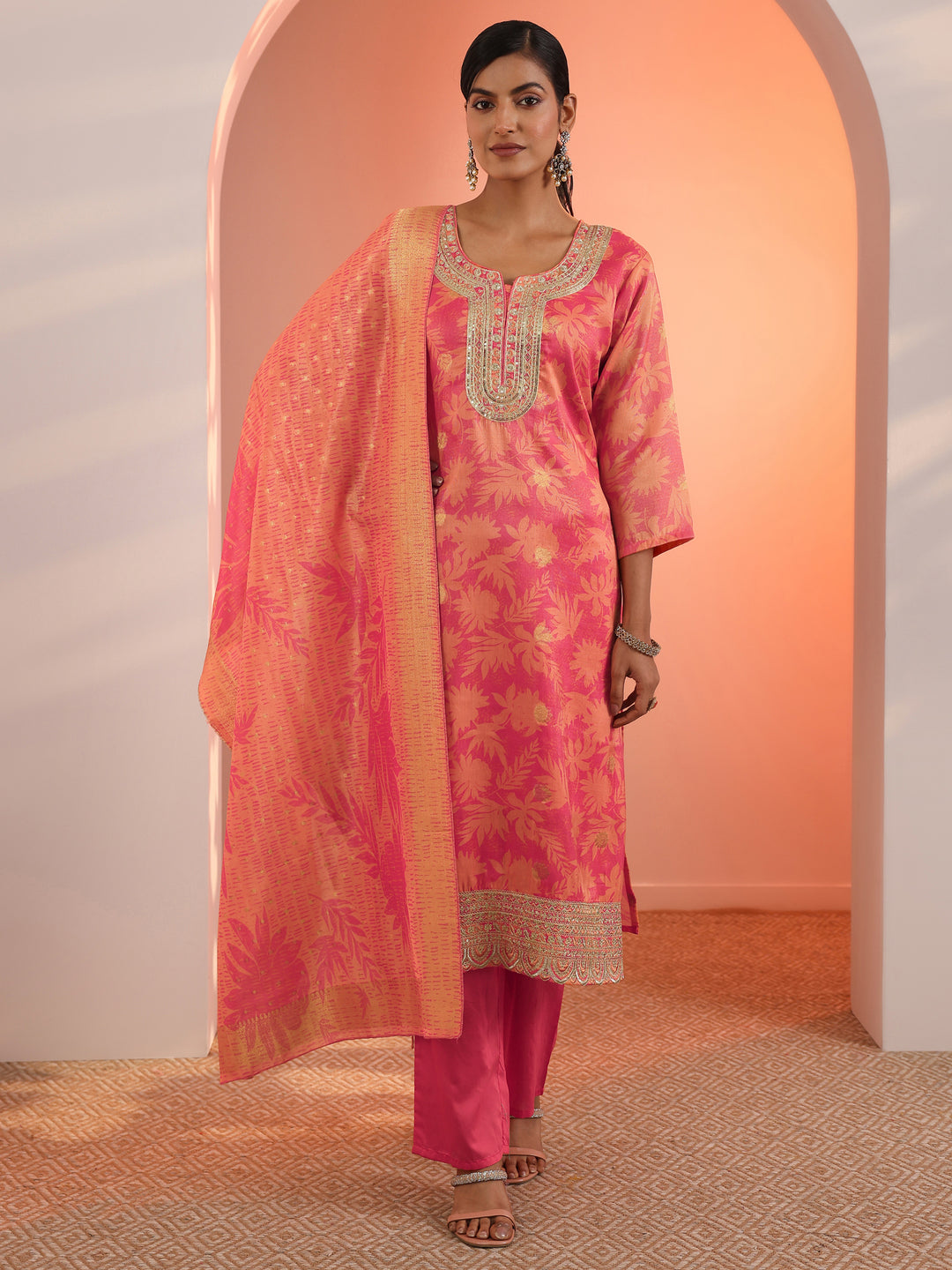 Orange Printed Silk Blend Straight Suit Set With Dupatta
