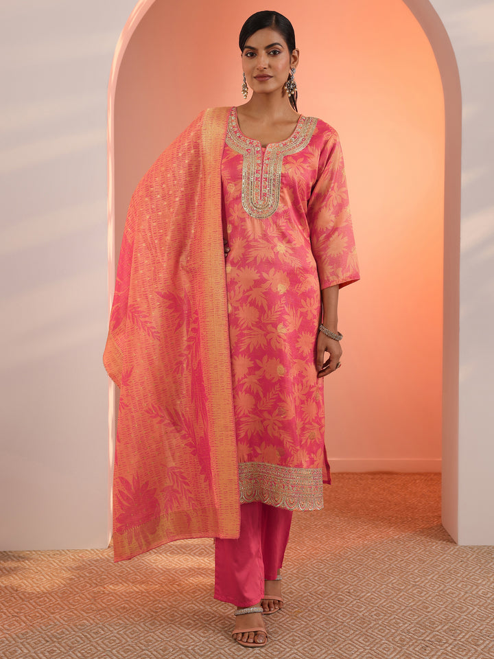 Orange Printed Silk Blend Straight Suit Set With Dupatta