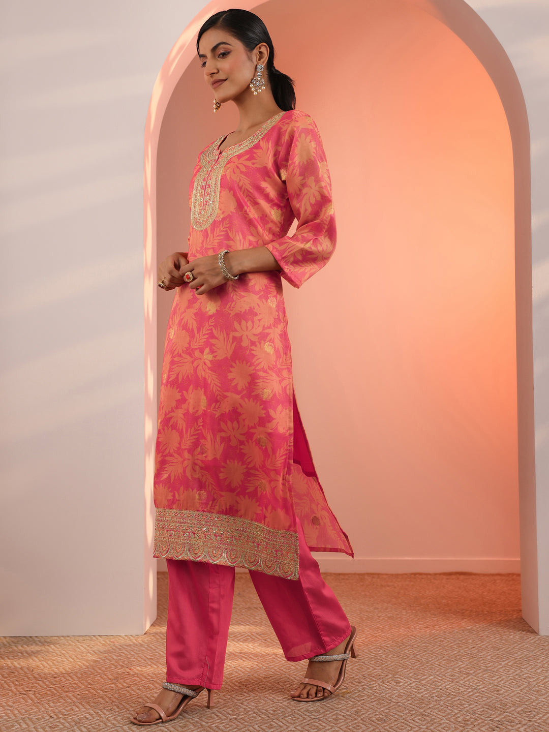 Orange Printed Silk Blend Straight Suit Set With Dupatta