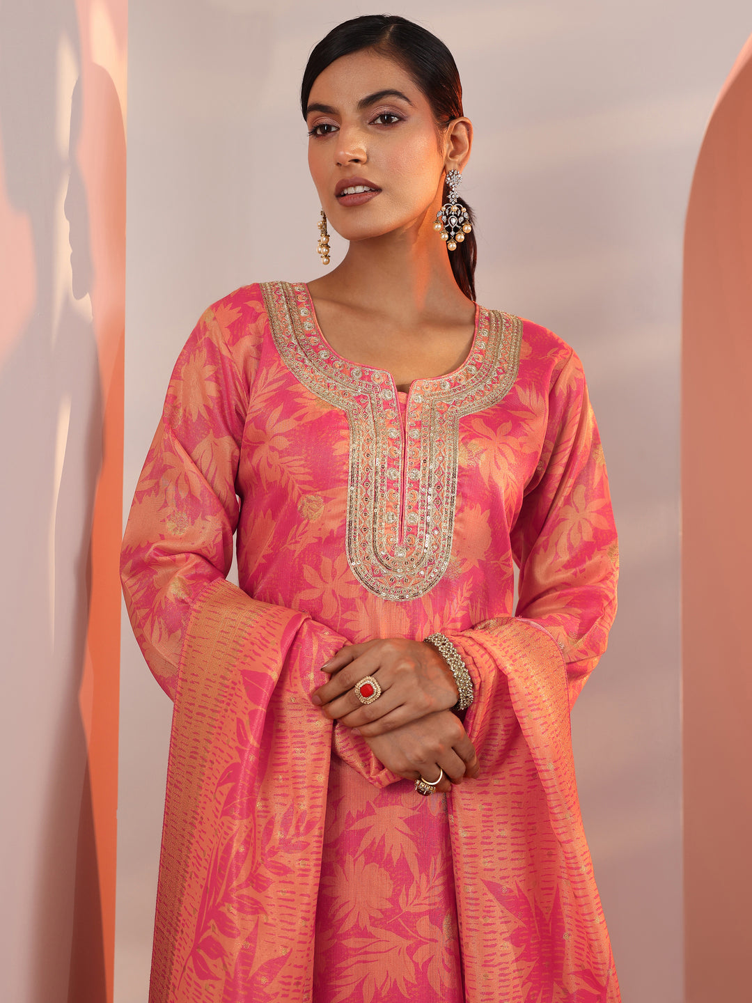 Orange Printed Silk Blend Straight Suit Set With Dupatta
