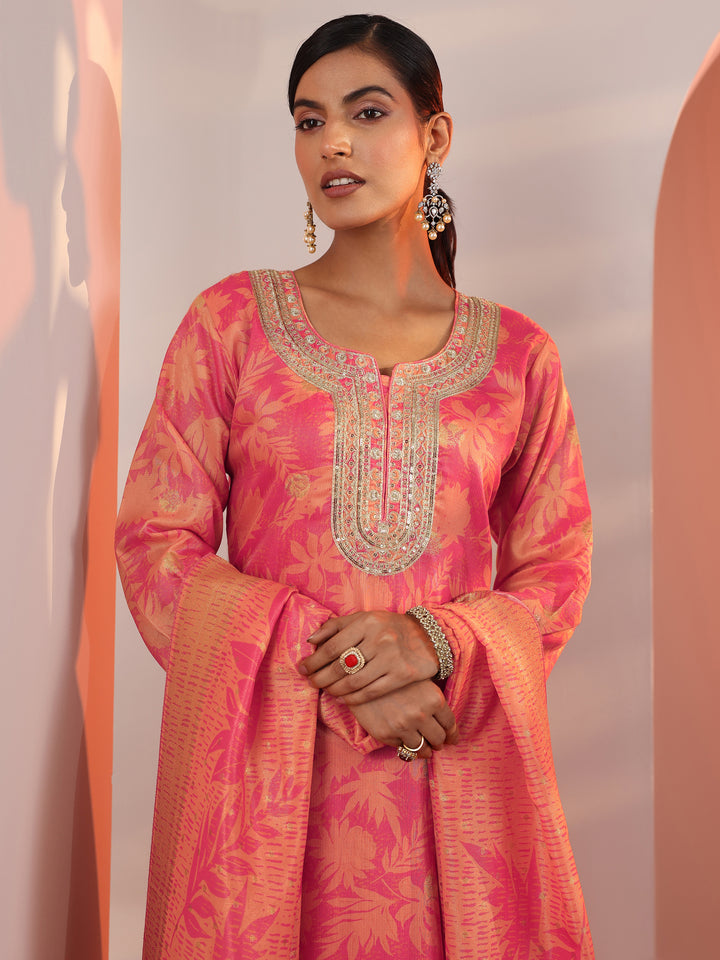 Orange Printed Silk Blend Straight Suit Set With Dupatta