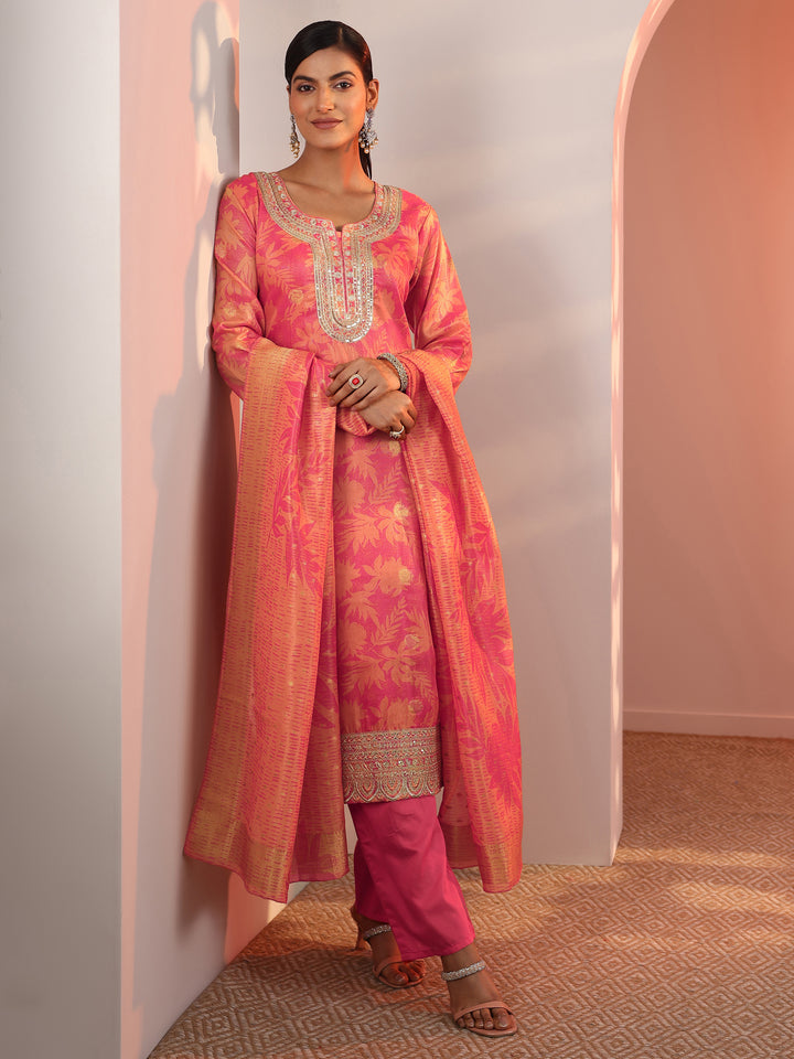 Orange Printed Silk Blend Straight Suit Set With Dupatta