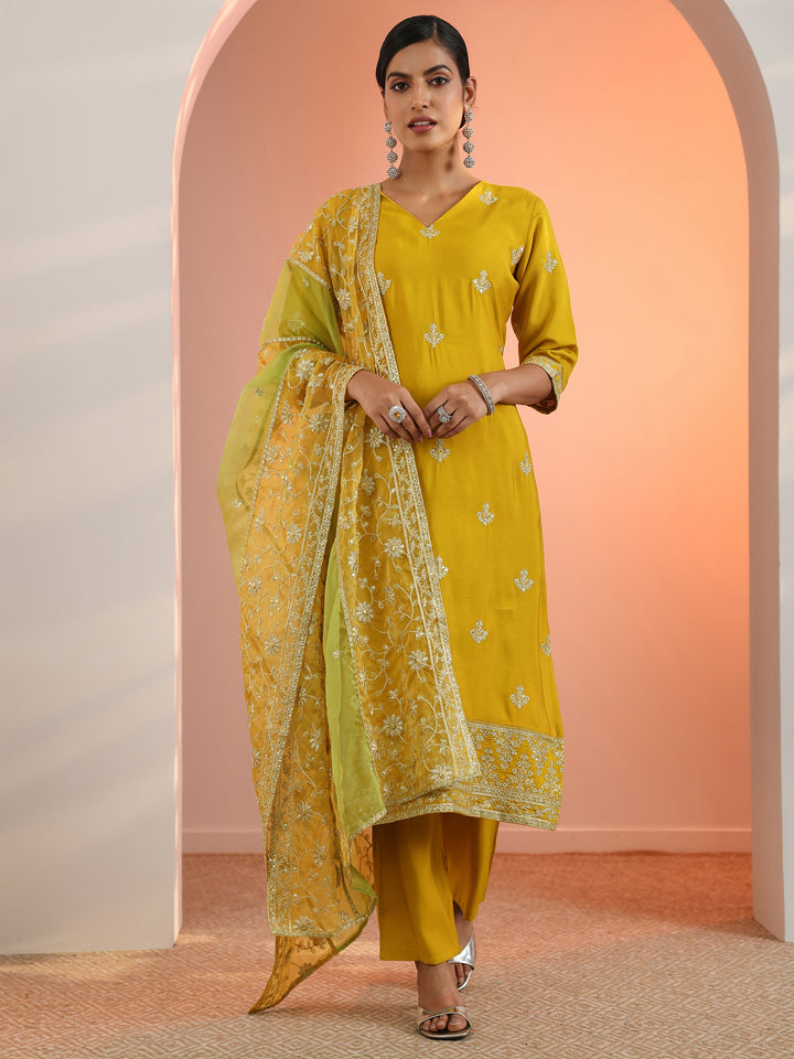 Mustard Embroidered Silk Blend Straight Suit Set With Dupatta