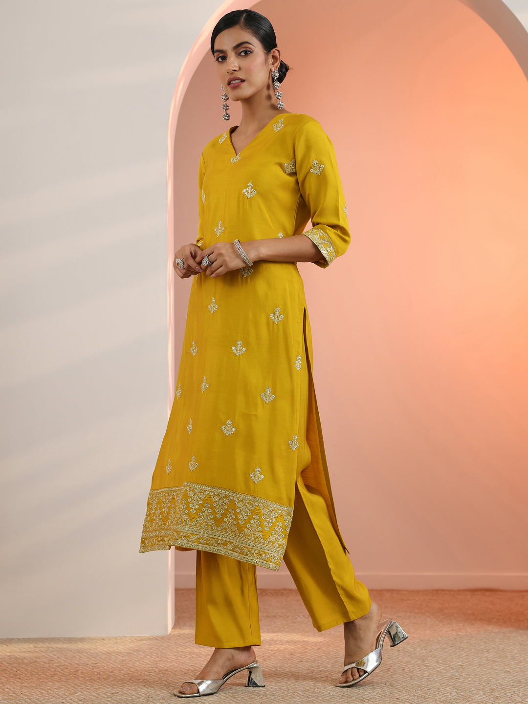Mustard Embroidered Silk Blend Straight Suit Set With Dupatta