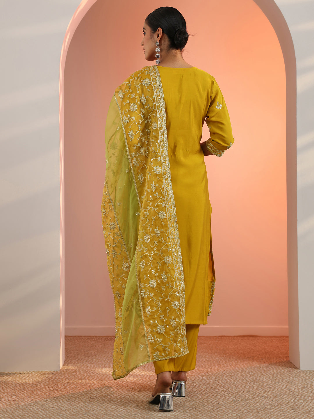 Mustard Embroidered Silk Blend Straight Suit Set With Dupatta