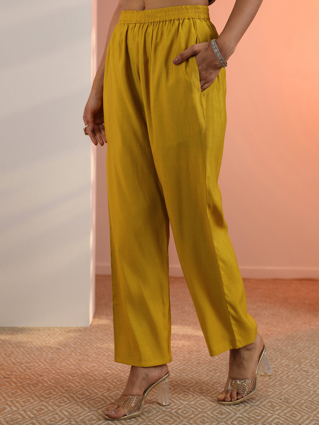 Mustard Embroidered Silk Blend Straight Suit Set With Dupatta