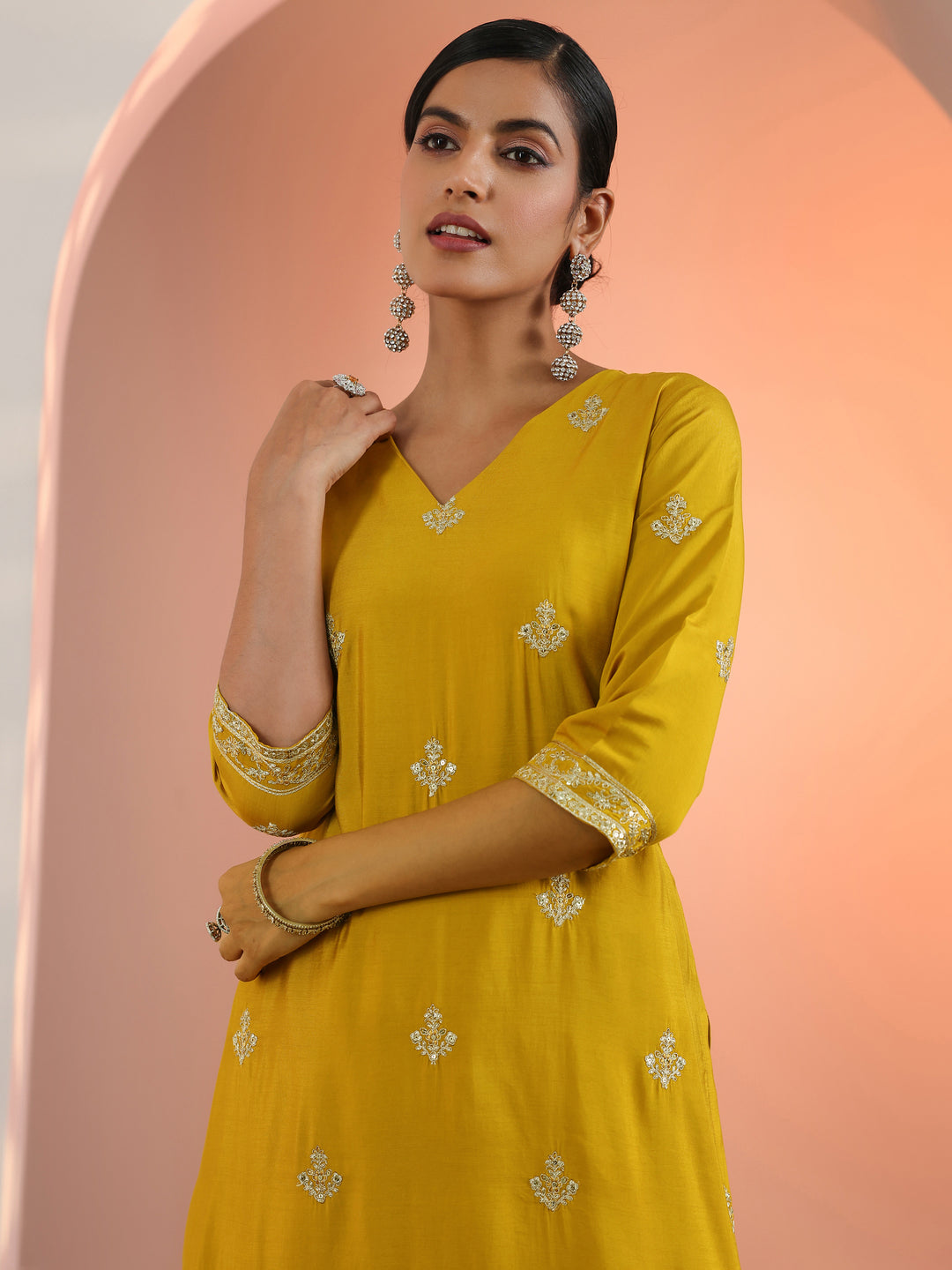 Mustard Embroidered Silk Blend Straight Suit Set With Dupatta