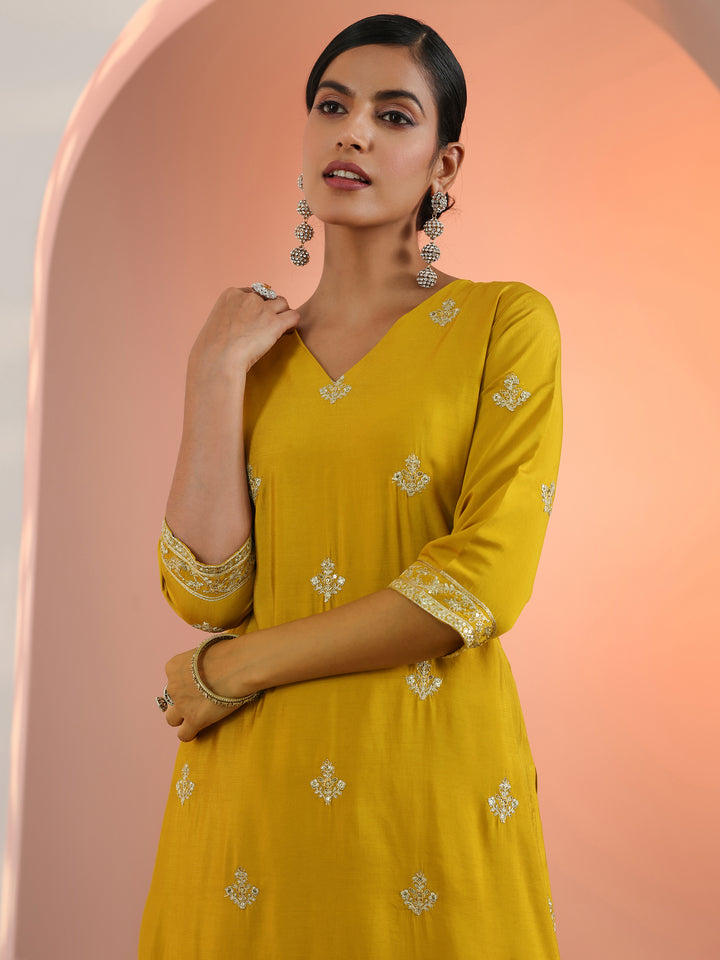 Mustard Embroidered Silk Blend Straight Suit Set With Dupatta