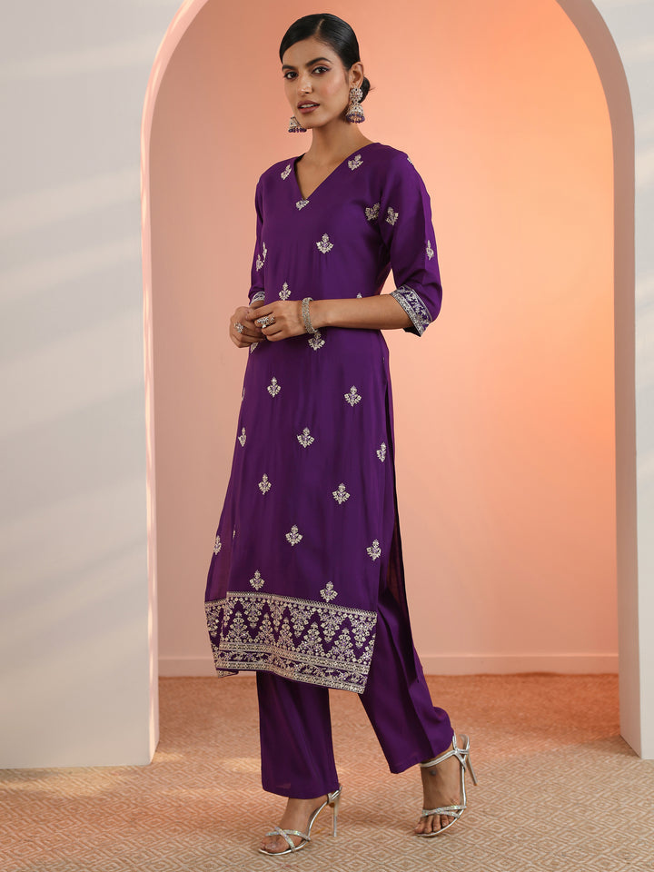 Purple Embroidered Silk Blend Straight Suit Set With Dupatta