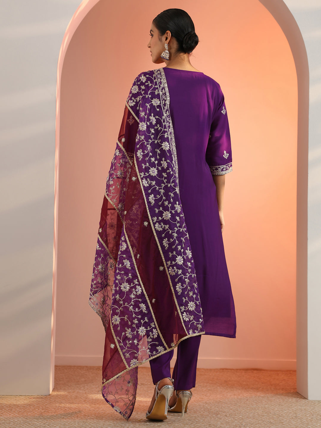 Purple Embroidered Silk Blend Straight Suit Set With Dupatta