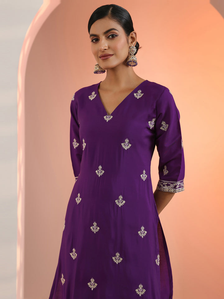Purple Embroidered Silk Blend Straight Suit Set With Dupatta