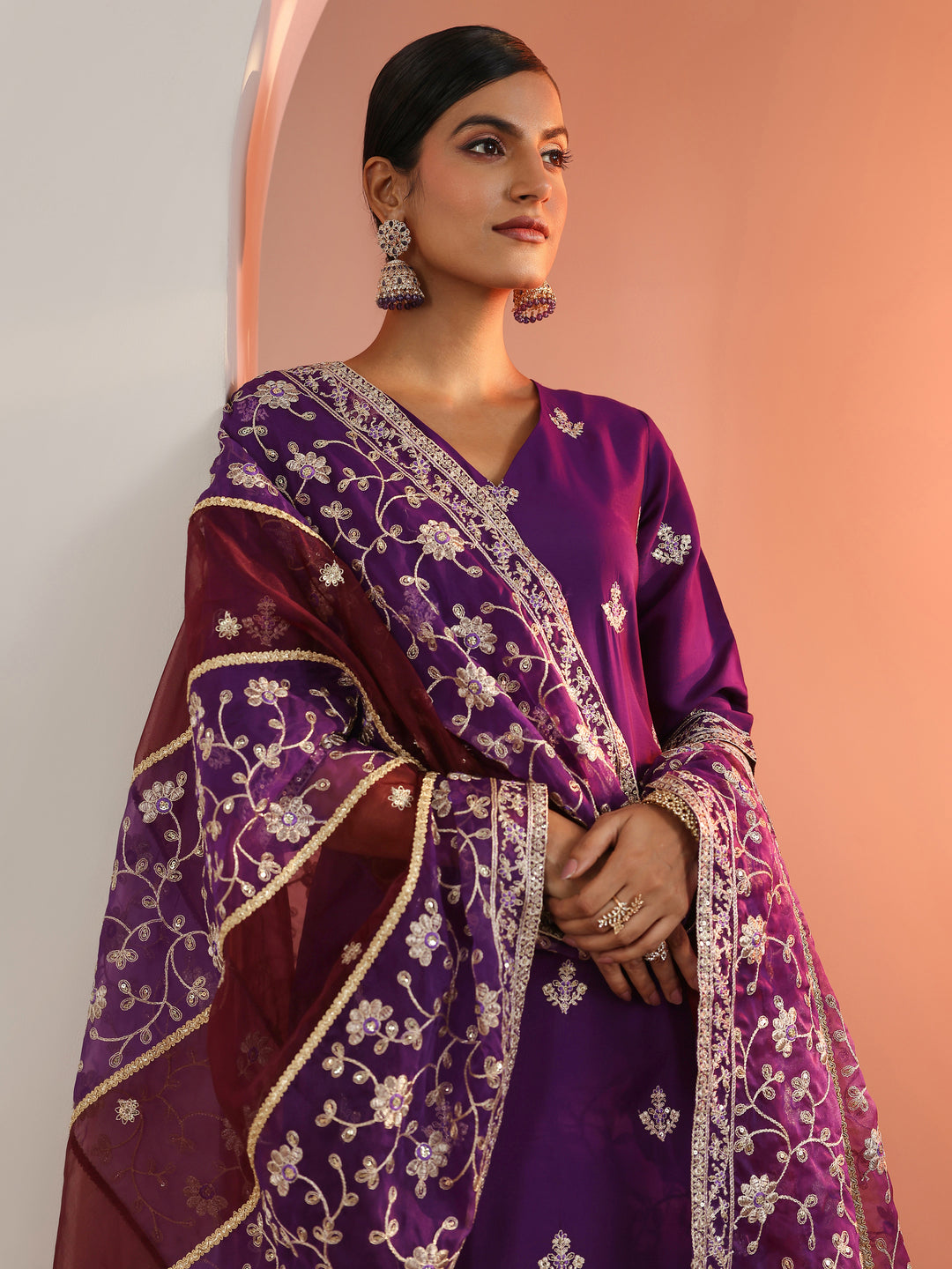 Purple Embroidered Silk Blend Straight Suit Set With Dupatta