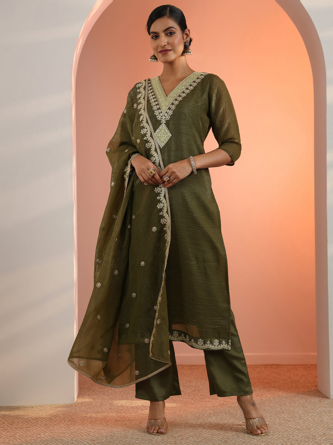 Olive Embroidered Chiffon Straight Suit Set With Dupatta